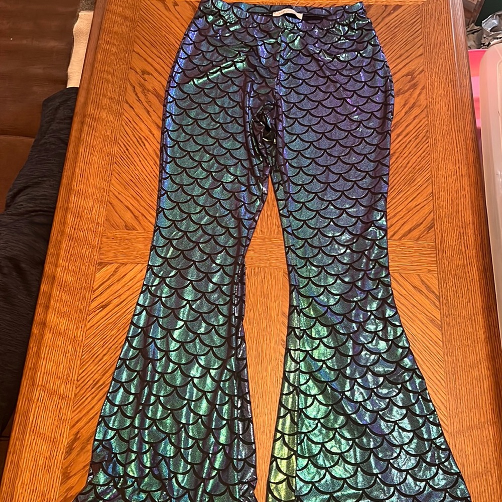 Women’s Mermaid Scale Leggings Metallic Green Blue Size S